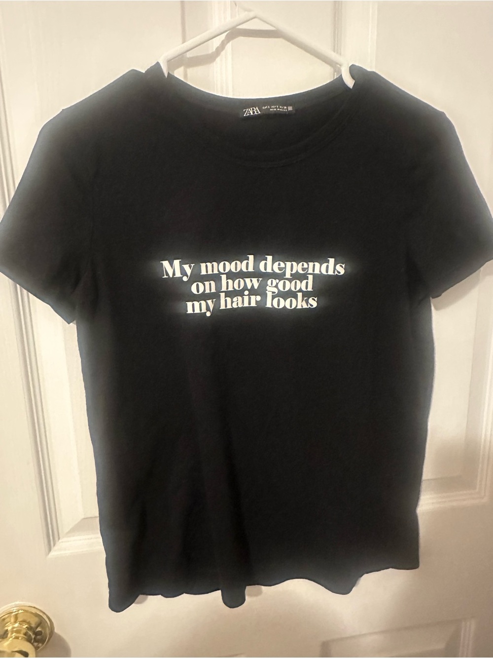 ZARA Black Short-Sleeve Graphic Tee with White Text